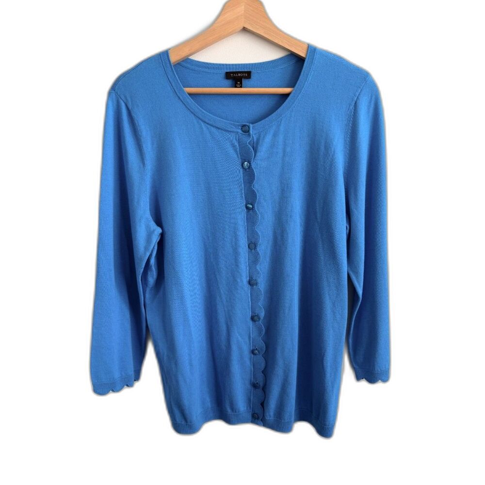 Talbots Women M Blue Scallop Edge Cardigan 3/4 Sleeve Cotton Rayon Preppy